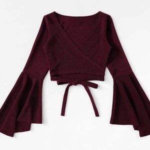 SHEIN EZwear Bell Sleeve Self-Tie Crop Top